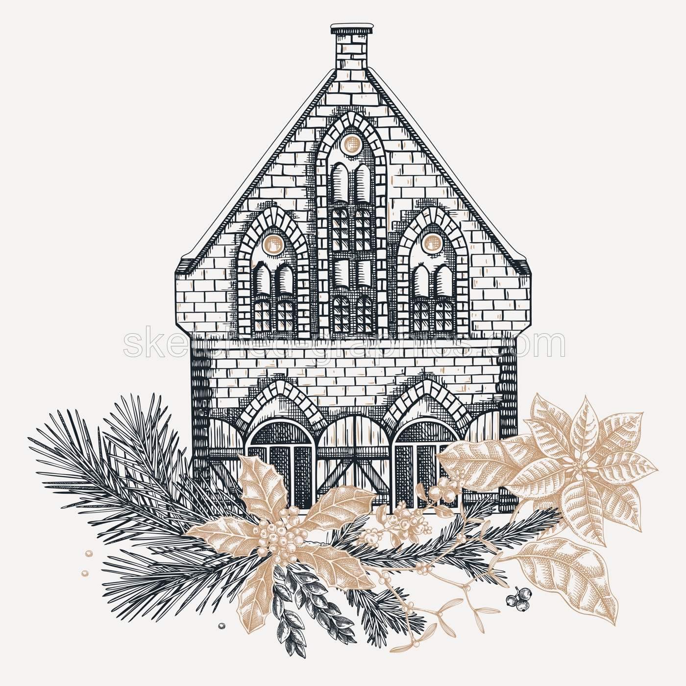 Christmas card design. European architecture sketch. Vintage brick house drawing. Winter trees hand-drawn vector illustration. NOT AI generated Illustration
